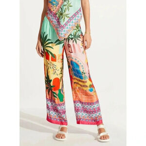 Seafolly On Vacation Silk Pant Printed Drawstring Relaxed Wide Leg Azure Medium